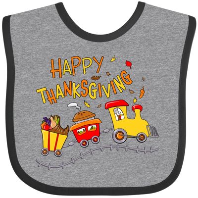 inktastic Happy Thanksgiving Turkey Train with Food Baby Bib Heather and Black 38662