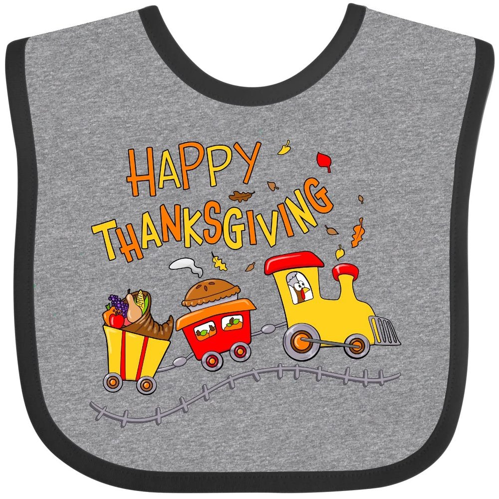 inktastic Happy Thanksgiving Turkey Train with Food Baby Bib Heather and Black 38662