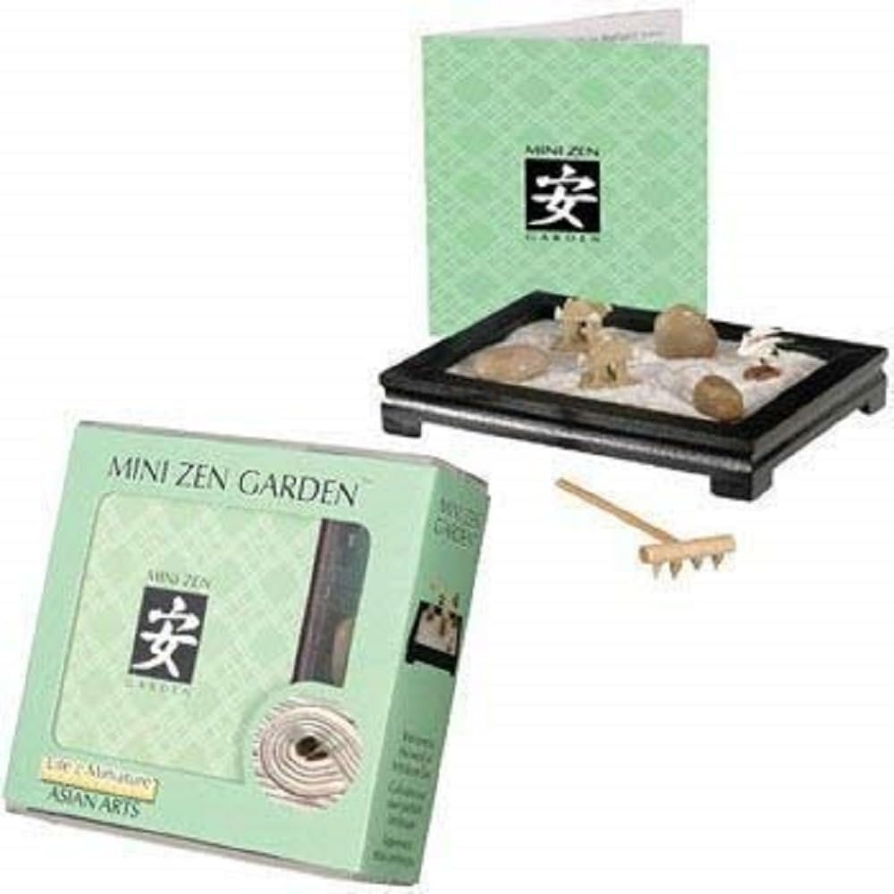 Star Magic Mini Zen Garden Wooden Zen Tray, White Sand River Rocks and Three Ceramic Figurines.