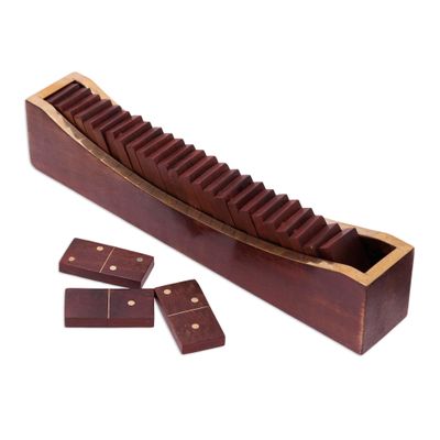NOVICA Artisan Handmade Wood Brass Domino Set Beech Classic with Mango Holder Brown India Chess Games 'Classic Entertainment'