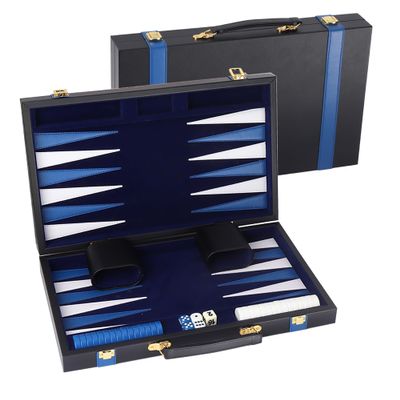 GSE Games & Sports Expert Premium Leather Backgammon Board Game Set, Classic Backgammon Game Set with Leather Case, Travel Folding Board Game (Black&Blue, Medium)
