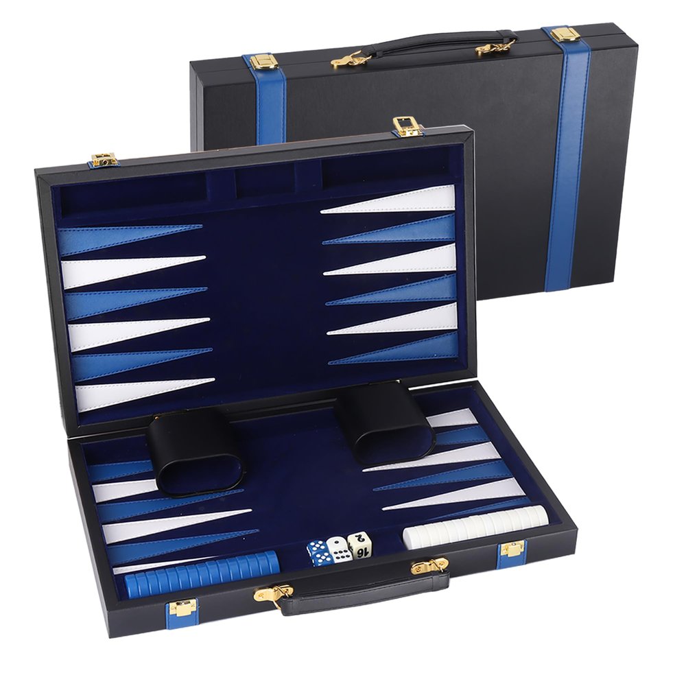 GSE Games & Sports Expert Premium Leather Backgammon Board Game Set, Classic Backgammon Game Set with Leather Case, Travel Folding Board Game (Black&Blue, Medium)