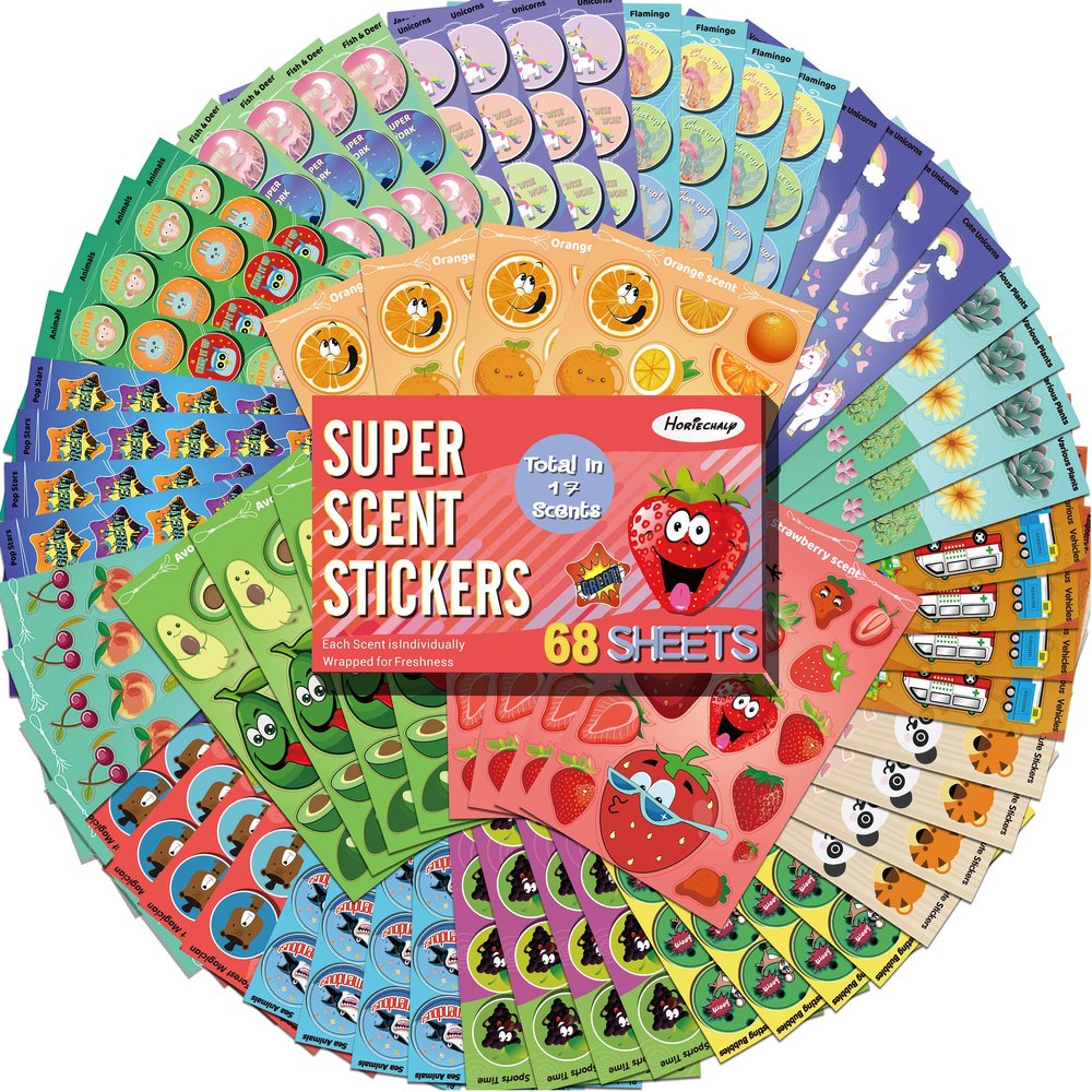 HORIECHALY Scratch and Sniff Stickers, Smelly Stickers for Kids 68 Sheets 17 Scents, 1000+ Scented Sticker of Food Fruit Flower, Classroom Reward Sticker for Teachers, Holiday Gift for Little One.