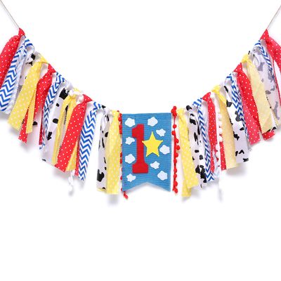 WAOUH Highchair Banner for 1st Birthday - First Baby Party Theme Decoration, Fabric Garland Cake Smash Photo Prop, Souvenir and Gifts (Blue Boy Girl Banner)
