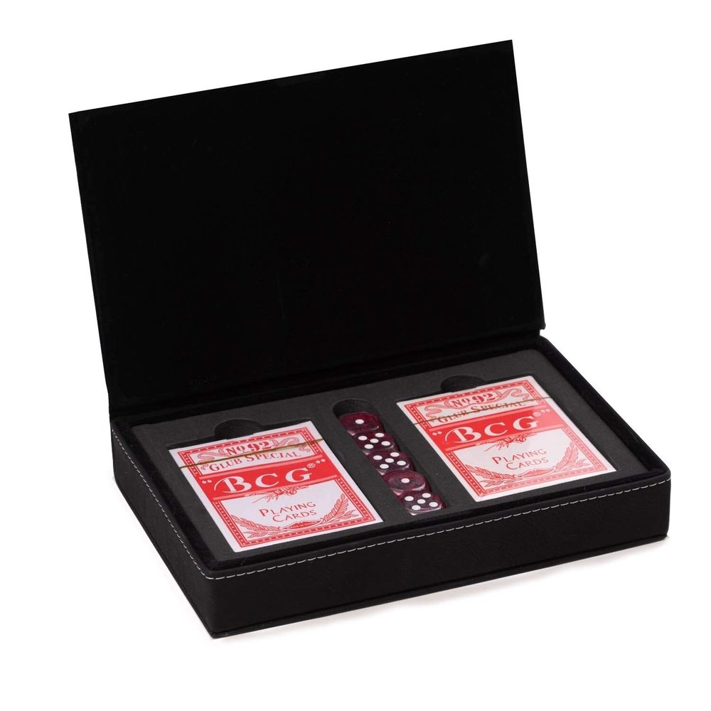 Bey-Berk Sleek Black Game Case w/ 2 Decks Playing Card & 5 Poker Dice