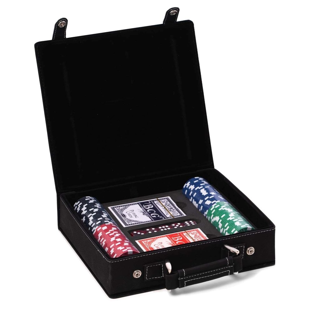 Bey-Berk Sleek Black Poker Case w/Poker Chips,2 Playing Cards,5 Dice