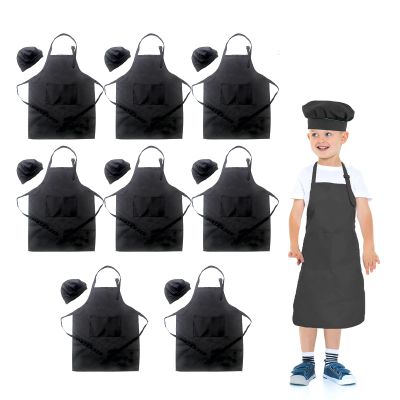 LOYHUANG Toal 16 Pieces Kids Children Black Aprons Chef Hat, Kids Chef Kitchen Adjustable Bib Aprons with 2 Pockets for Girls Boys Painting Cooking Baking Wear(Black,8sets)