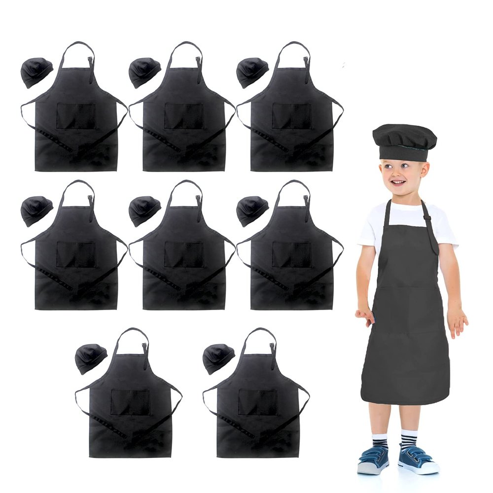 LOYHUANG Toal 16 Pieces Kids Children Black Aprons Chef Hat, Kids Chef Kitchen Adjustable Bib Aprons with 2 Pockets for Girls Boys Painting Cooking Baking Wear(Black,8sets)