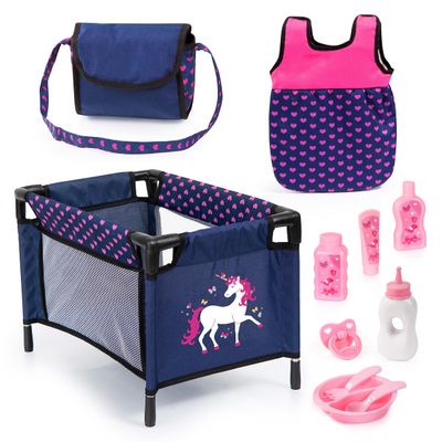 Bayer Design Doll Travel Set with Portable Bed - Navy-Pink-Unicorn Pretend Care Accessories for Dolls Up to 16 Inches