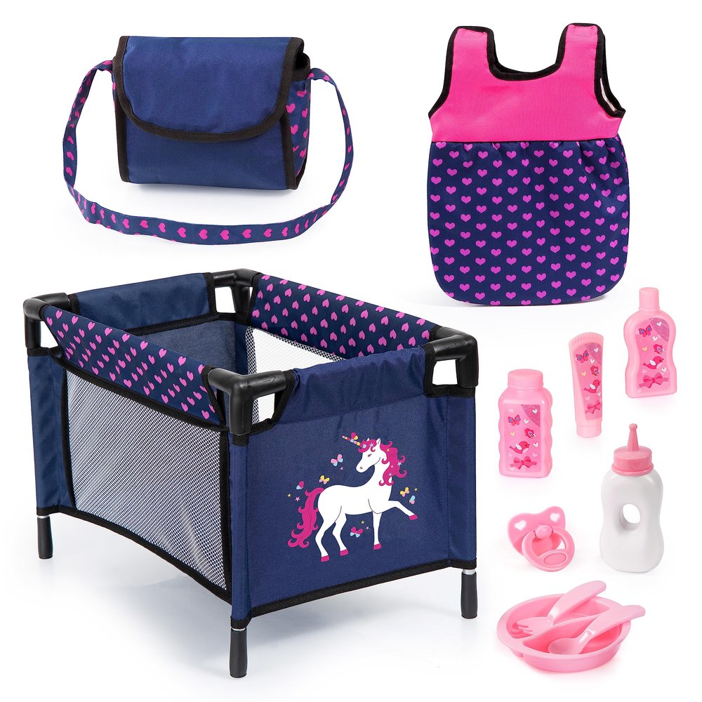 Bayer Design Doll Travel Set with Portable Bed - Navy-Pink-Unicorn Pretend Care Accessories for Dolls Up to 16 Inches