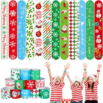 BBTO 46 Pieces Christmas Slap Bracelets Bulk Xmas Slap Bracelet Christmas Stocking Stuffers Wristbands Party Favors 12 Different Snap Bracelet for Xmas Gift Classroom Prizes