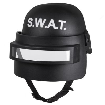 01408 - Kinderhelm SWAT deluxe - Visirhelm SWAT, schwarz-wei, Kinnriemen, durchsichtiges Visir, hochklappbar, one size, Karneval, Halloween, Mottoparty, Geburtstag, Fasching, Verkleidung,
