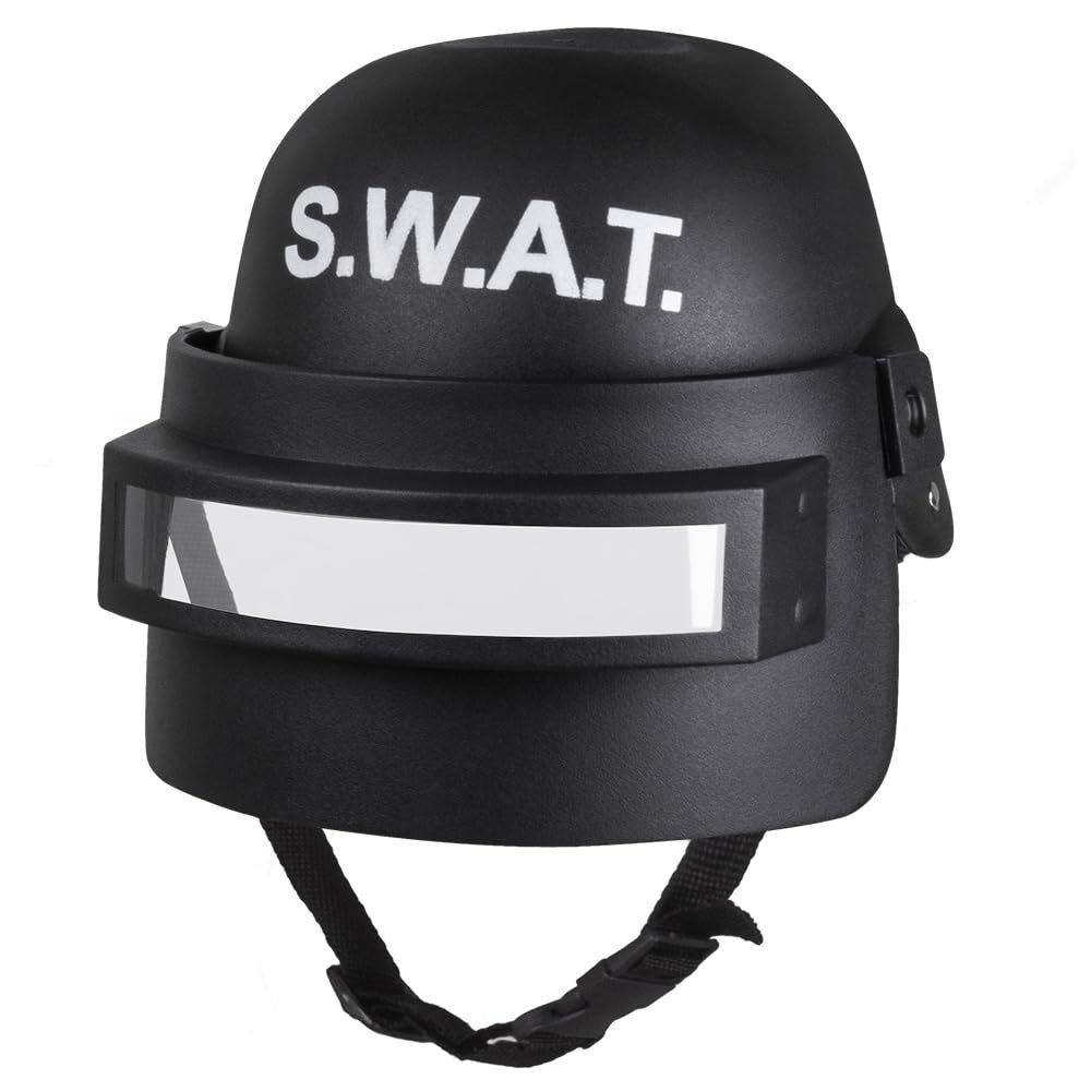 01408 - Kinderhelm SWAT deluxe - Visirhelm SWAT, schwarz-wei, Kinnriemen, durchsichtiges Visir, hochklappbar, one size, Karneval, Halloween, Mottoparty, Geburtstag, Fasching, Verkleidung,
