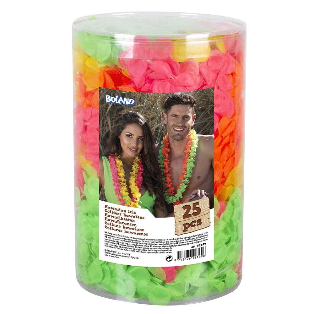 Boland 52199 Hawaiian Necklaces, Pack of 25, 4 Neon Colours, Flower Chains, Flower Wreath, Necklace, Accessory, Beach Party, Theme Party, Carnival