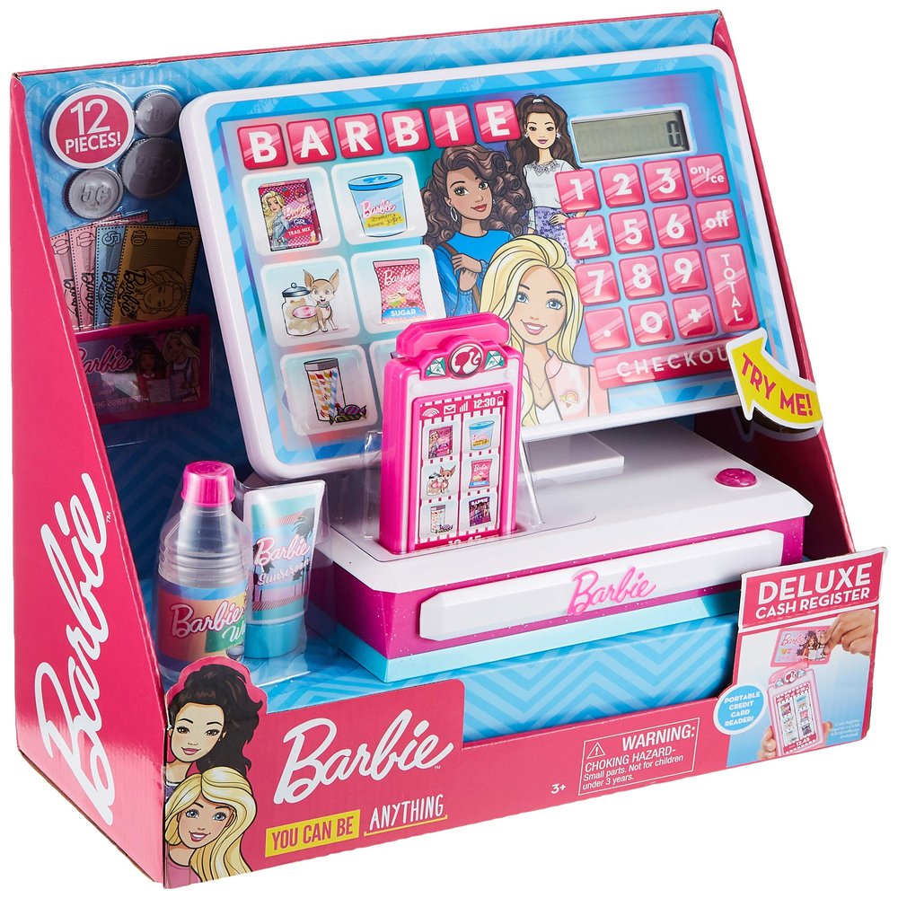 Barbie Deluxe Cash Register with Sounds, 12-Pieces, Kids Toys for Ages 3 Up by Just Play