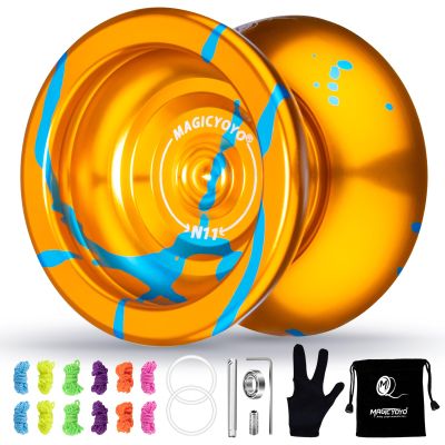 MAGICYOYO N11 Professional Unresponsive Alloy Yoyo Dual Purpose Trick Yo Yo with Responsive Bearing Kit + Bag + Glove +12 Strings - Golden Blue