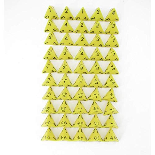 Yellow Opaque Dice with Black Numbers D4 Aprox 16mm (5/8in) Pack of 50 Wondertrail