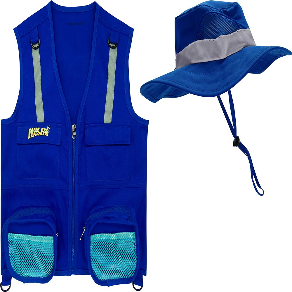 Dark Blue S/M Fits Youth Size 4-7 Combination Set Vest and Hat: 1 Blue Cargo Vest for Kids with Reflective Safety Straps & 1 Floppy Bucket Sun Hat with Chin Strap. Color: Navy Blue S/M Size 4-7