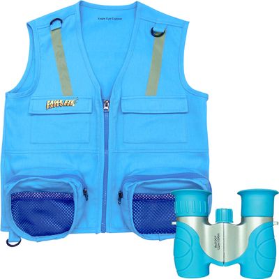 Combination Set: 1 Blue S/M Eagle Eye Explorer Cargo Vest for kids, Reflective Safety Straps & 1 Blue 8x21 Magnification Binoculars, Soft Rubber Eye Piece for boys & girls, Waterproof, Shock-Resistant