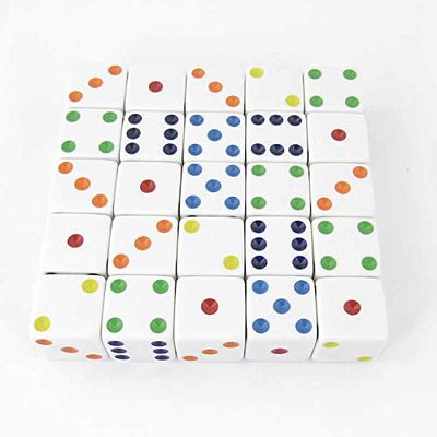 White Opaque Squared Corner Dice Multi-Color Pips D6 25mm (1in) Pack of 25 Wondertrail