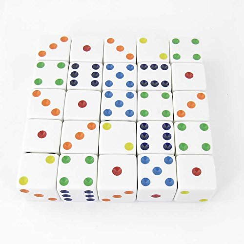 White Opaque Squared Corner Dice Multi-Color Pips D6 25mm (1in) Pack of 25 Wondertrail