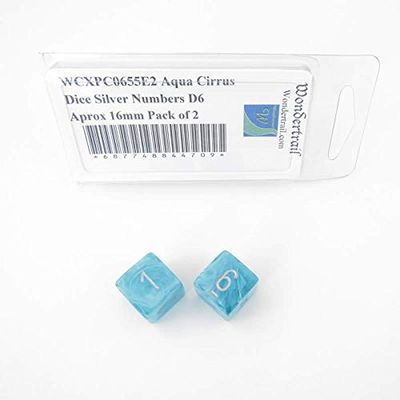 Aqua Cirrus Dice with Silver Numbers D6 Aprox 16mm (5/8in) Pack of 2 Wondertrail