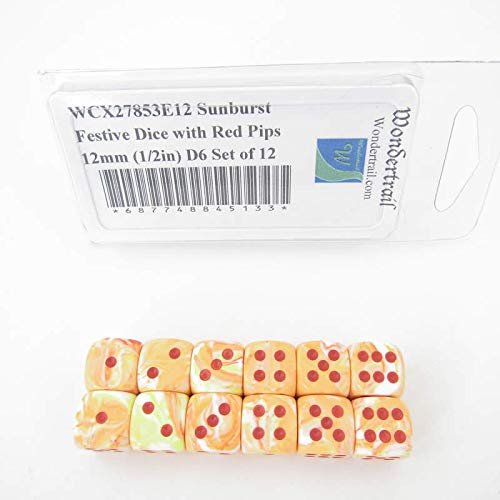 Sunburst Festive Dice with Red Pips 12mm (1/2in) D6 Set of 12 Wondertrail