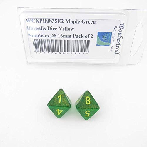 Maple Green Borealis Dice with Yellow Numbers D8 Aprox 16mm (5/8in) Pack of 2 Wondertrail