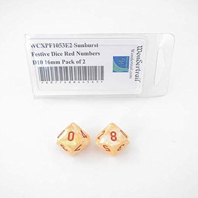 Sunburst Festive Dice with Red Numbers D10 Aprox 16mm (5/8in) Pack of 2 Wondertrail