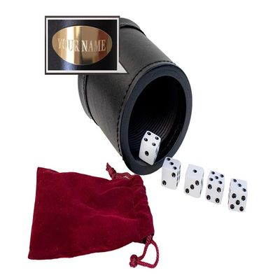 Alex Cramer Golden Gate Dice Shaker Cup Set - 5 White Dice, Drawstring Pouch & Book of Dice Games (Liars Dice) Included - Leather Dice Cup - Quiet Shaking.