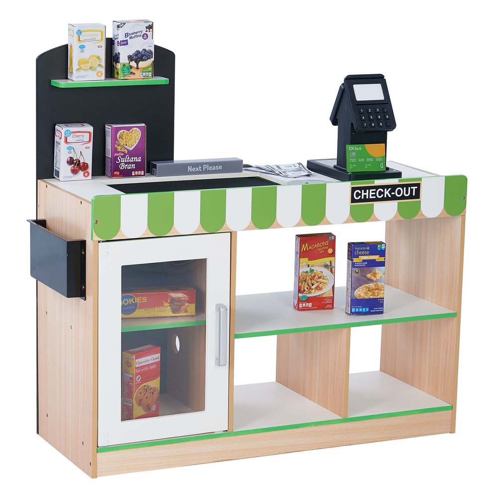 Teamson Kids Cashier Austin Interactive Wooden Play Market Stand with Lights and Sounds, Manual Conveyor Belt, Register and Display Spaces, Green and White Dcor on Natural Wood