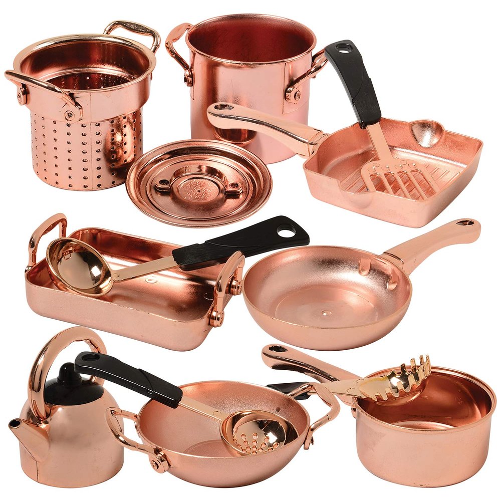 CP Toys 13 Piece Plastic Copper Look Cookware Set for Pretend Kitchen Play for Ages 3 Years and Up