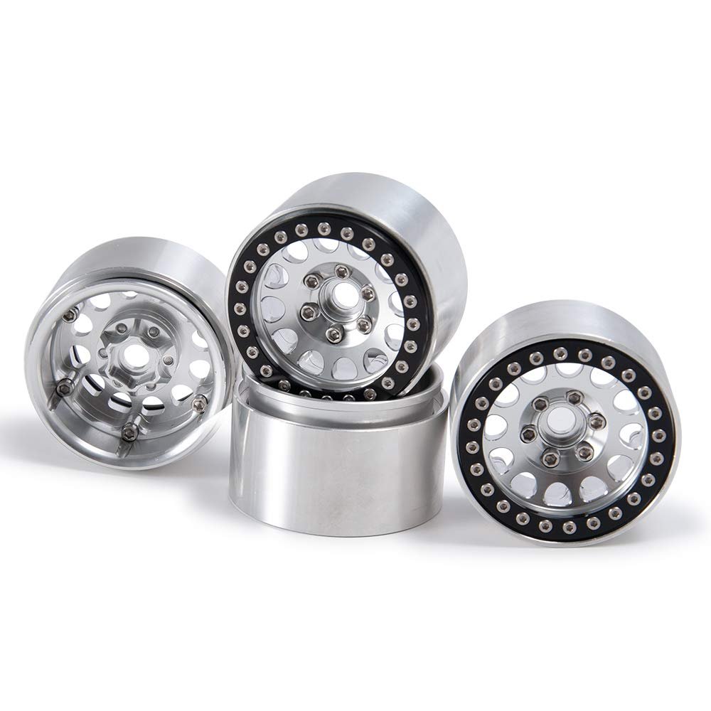 QUE-T 1.9" RC Crawler CNC Metal Beadlock Wheel Rims for 1/10 Axial Scx10 D90 D110 TRX-4 (Silver & Black)