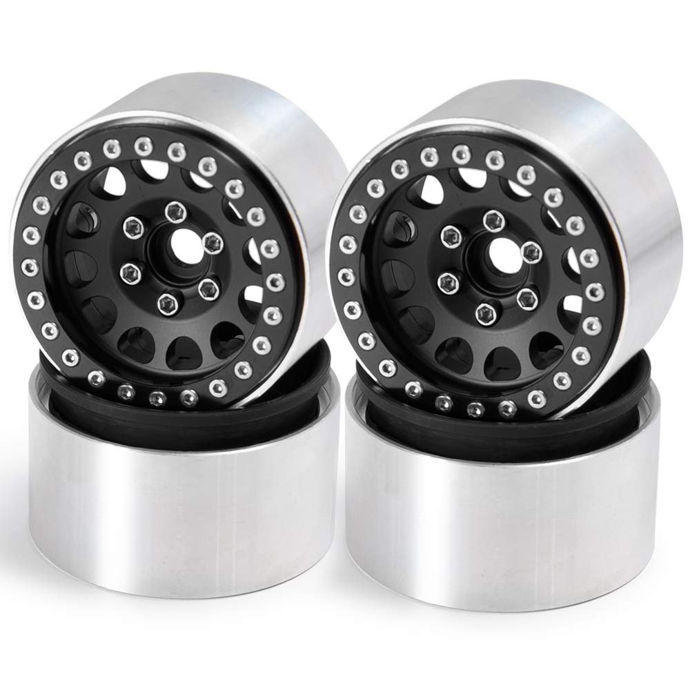 QUE-T 1.9" RC Crawler CNC Metal Beadlock Wheel Rims for 1/10 Axial Scx10 D90 D110 TRX-4 (Black)