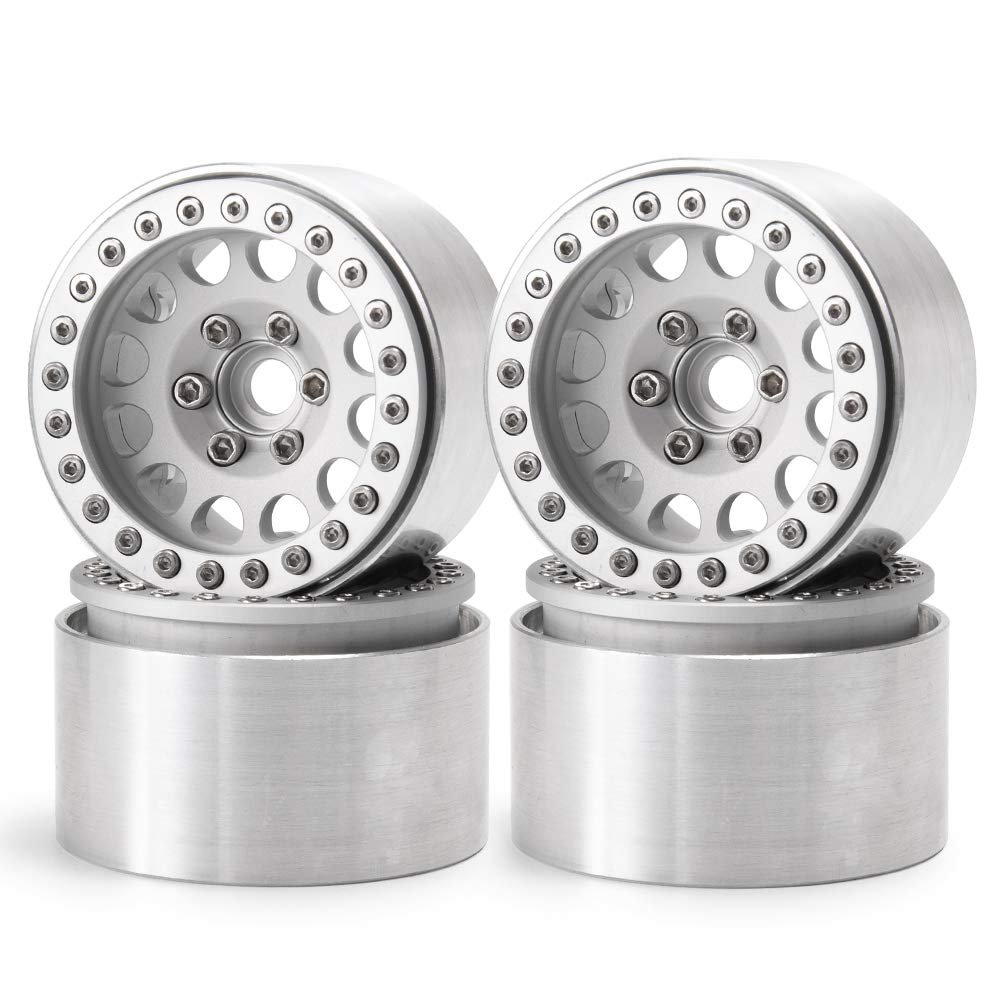 Que-T 1.9" RC Crawler CNC Metal Beadlock Wheel Rims for 1/10 Axial Scx10 D90 D110 TRX-4 (Silver)