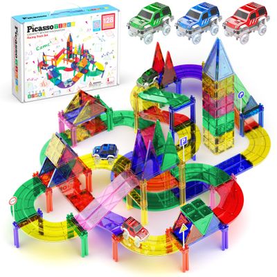 PicassoTiles 128pcs Magnetic Race Car Track Building Block Educational Toy Set Tiles Magnet Playset 3 LED Car STEM Learning Construction Kit Fine Motor Skill Training Brain Development for Kids Age3+
