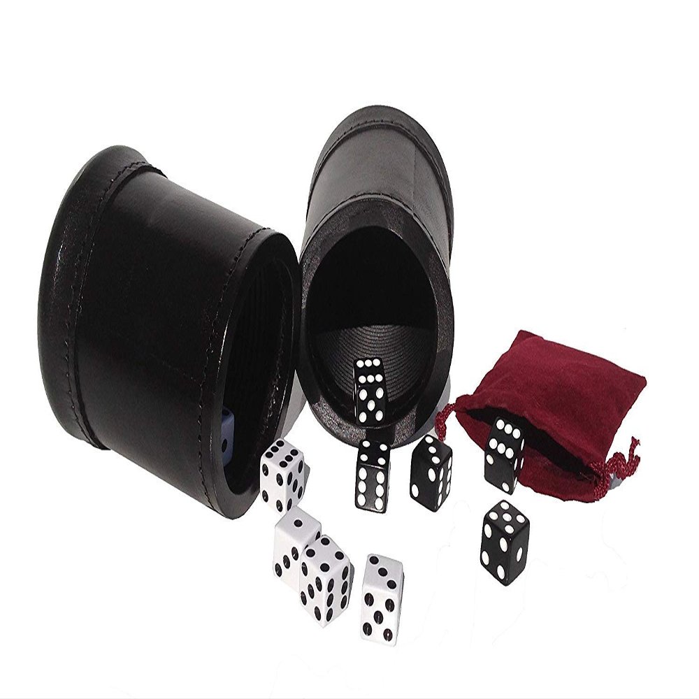 Alex Cramer Company Golden Gate Dice Cup Set of 2 with 10 Tuxedo Dice, a Drawstring Pouch and a Book of Dice Games (Includes Liar's Dice) (Dice Cup Set with Personalized Brass Plates)