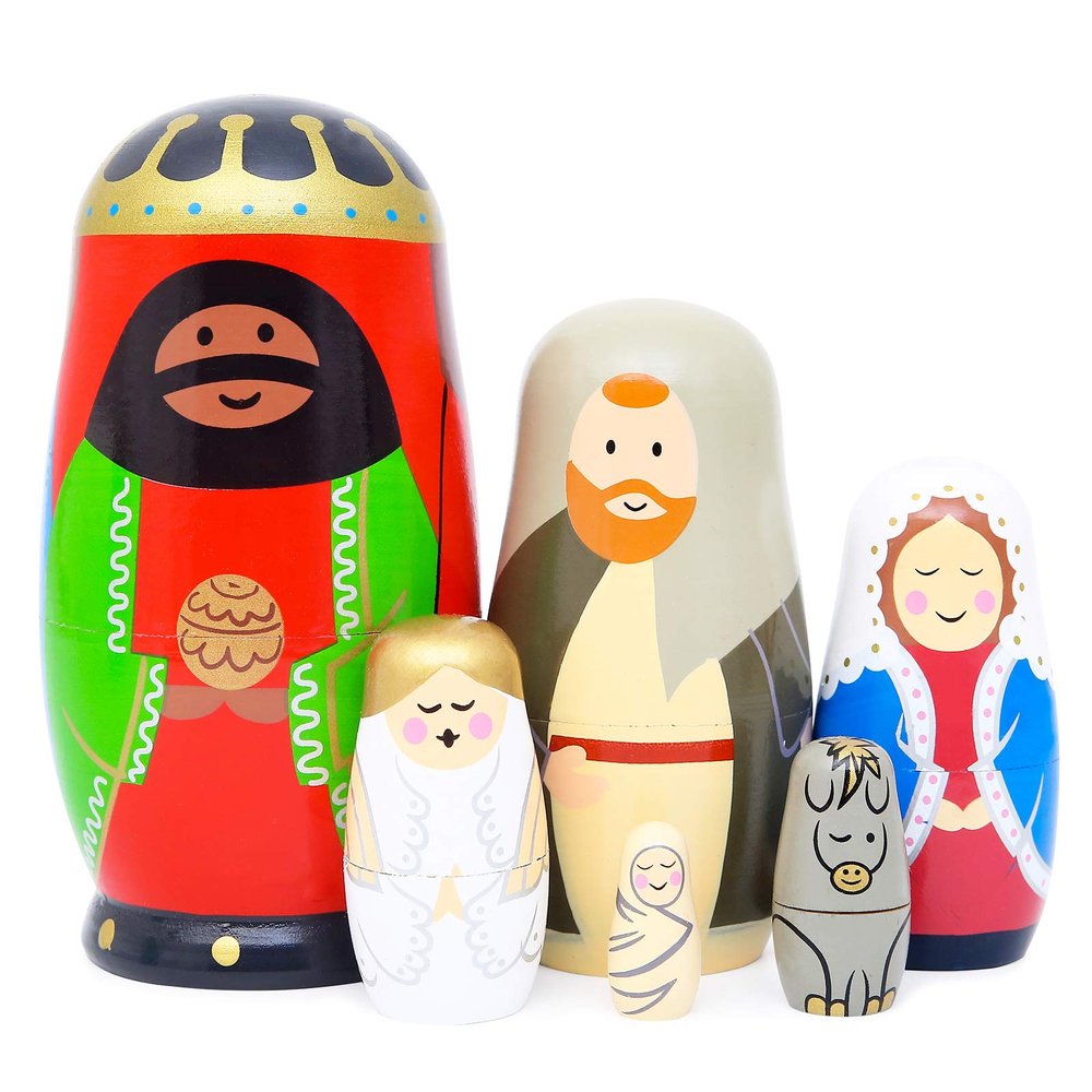 Moonmo - Nesting Doll Holy Family -The Nativity Family Wooden Nesting Dolls Matryoshka Nativity Figurines-Set of 5 Dolls (Brown)