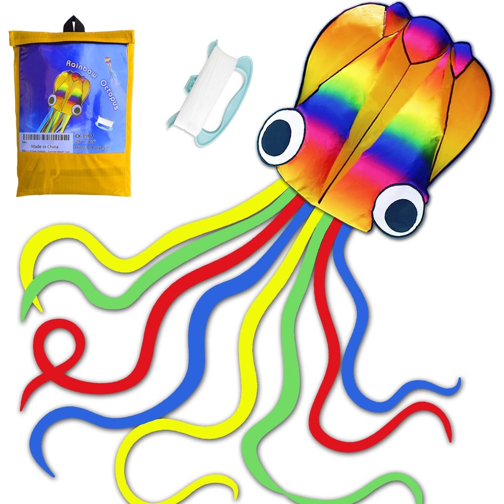 14ft R2F Rainbow Soft Octopus Kite for Kids and Audlts-Large Kite with 11.5ft Long Tail and 200ft Flying line-Easy to Fly Toy for Outdoor Games Beach and Activities