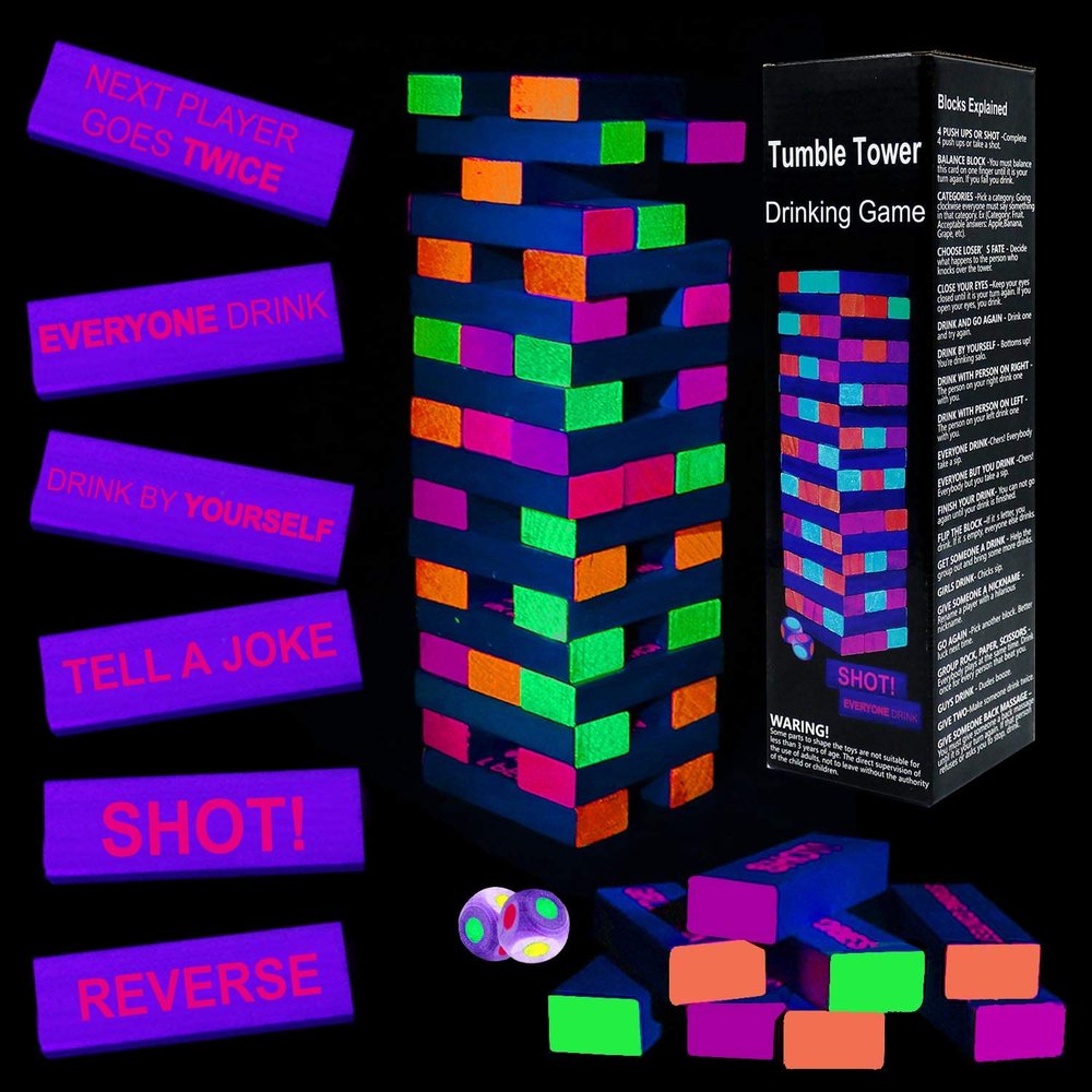 Drinking Games for Adults Party, Black Light Tumble Tower -Glowing Drinking Games Suitable for Day Or Night, 54 Blocks with Hilarious Drinking Commands, Stacking Games for Adults Party