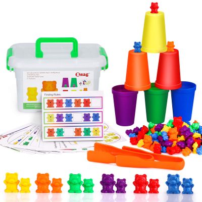 Bmag Counting Bears with Matching Sorting Cups,Number Color Recognition STEM Educational Toy for Toddler, Pre-School Learning Toy with 90 Bears,2 Tweezers,11 Activity Cards,1 Storage Box