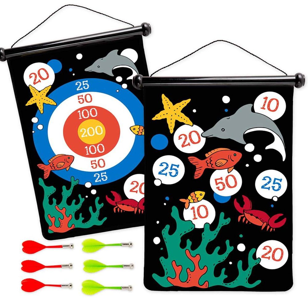 HearthSong Double-Sided Magnetic Canvas Kids' Target Game for Portable Play, Includes Six Magnetic Darts (Sealife)