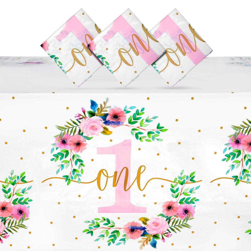 3 Pack Floral Plastic Tablecloth for Baby Girl's 1st Birthday Party Supplies (54 x 108 in)