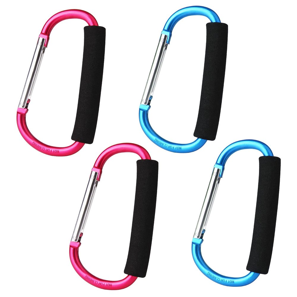 sansheng 4 Pack Large Carabiner 5.5" D Style Click and Carry Bag Carrier Stroller Hooks(Light Blue and Rose red)