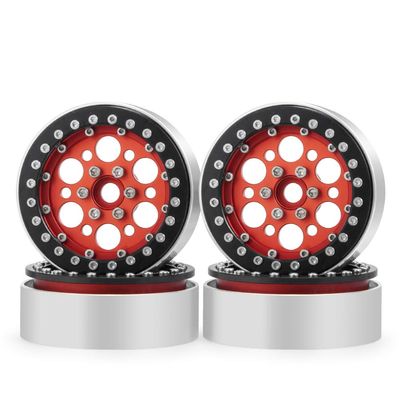 QUE-T 4pcs 1/10 CNC Metal Beadlock Wheel Rims 2.2" for RC Axial Wraith D90 TRX-4 (Black & Red)