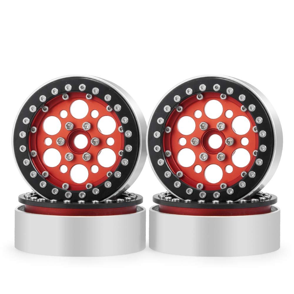 QUE-T 4pcs 1/10 CNC Metal Beadlock Wheel Rims 2.2" for RC Axial Wraith D90 TRX-4 (Black & Red)