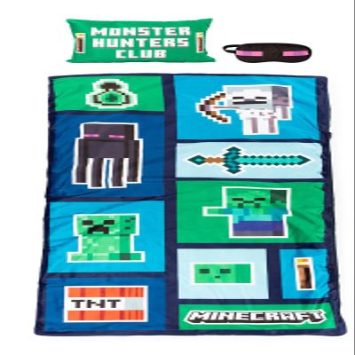 Minecraft Creeper 3 Piece Sleepover Set - Cozy & Warm Slumber Bag with Pillow & Eye Mask (Official Minecraft Product)