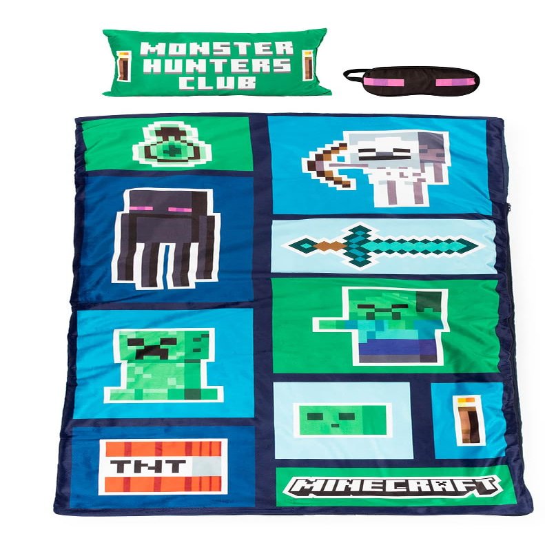 Minecraft Creeper 3 Piece Sleepover Set - Cozy & Warm Slumber Bag with Pillow & Eye Mask (Official Minecraft Product)