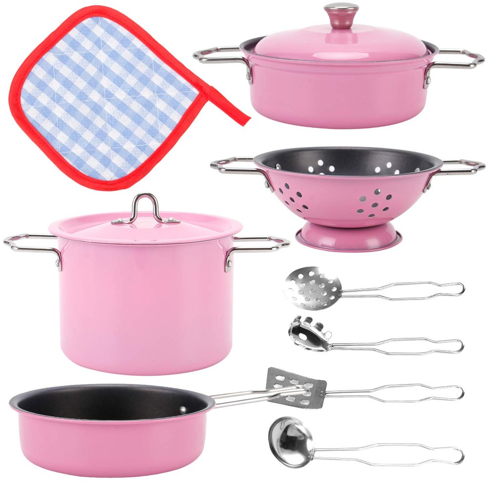 Kids Stainless Steel Play Kitchen Set, 11 Piece Pretend Play Pots and Pans Toy Cookware Set with Utensils & Pot Holder, Metal Toddler Kitchen Accessories for Girls Boys Play Kitchens