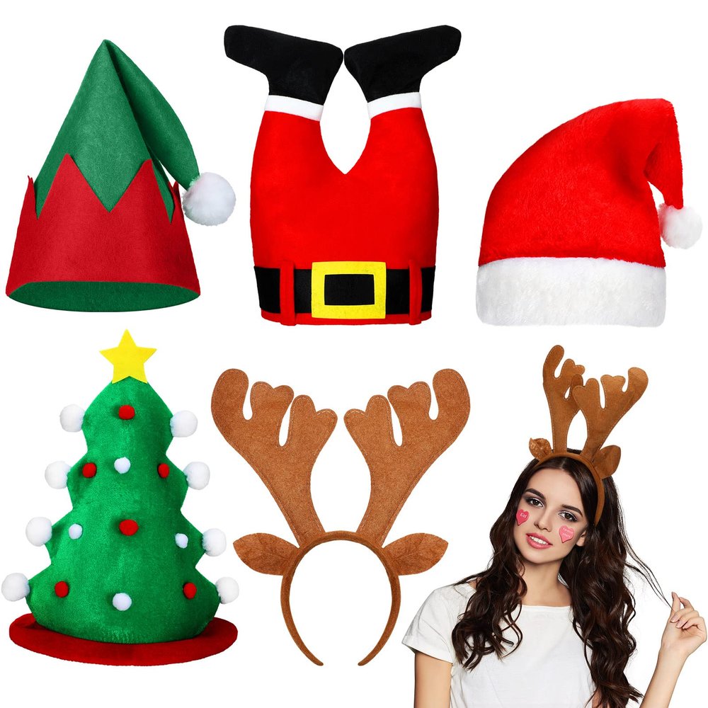 5 Pieces Christmas Hats and headband Set Santa Pants Design Hat, Elf Hat, Plush Christmas Tree Reindeer Headband